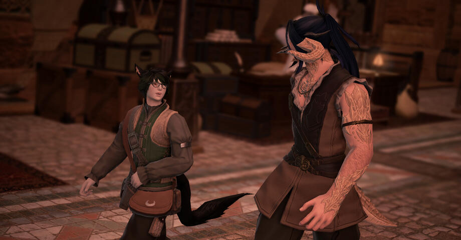 Rozael walking the Ul&#39;dah markets with Viken&#39;ti